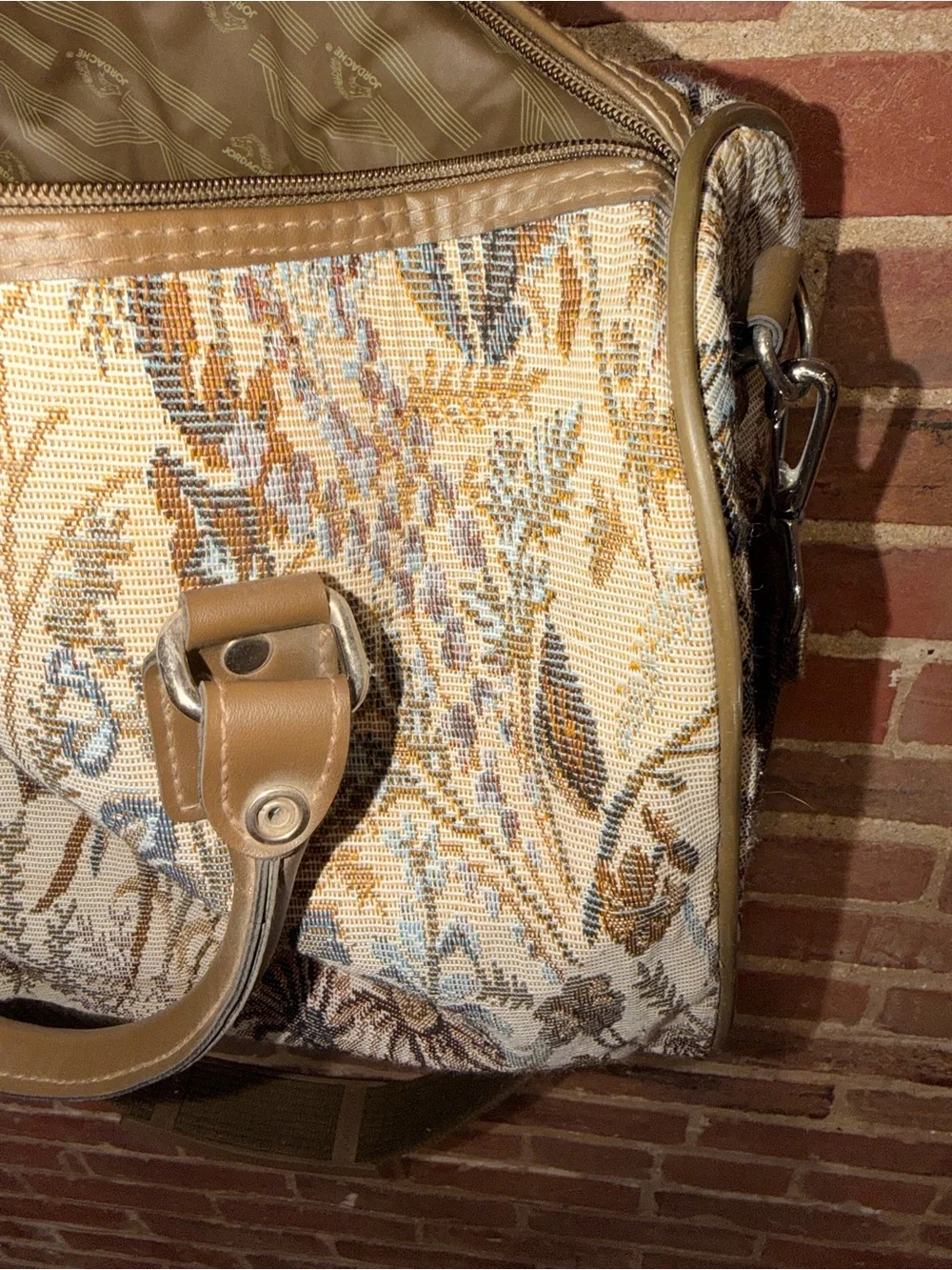 Jordache Floral Tapestry Satchel Handle Bag Shoulder Strap Olive Brown Trim